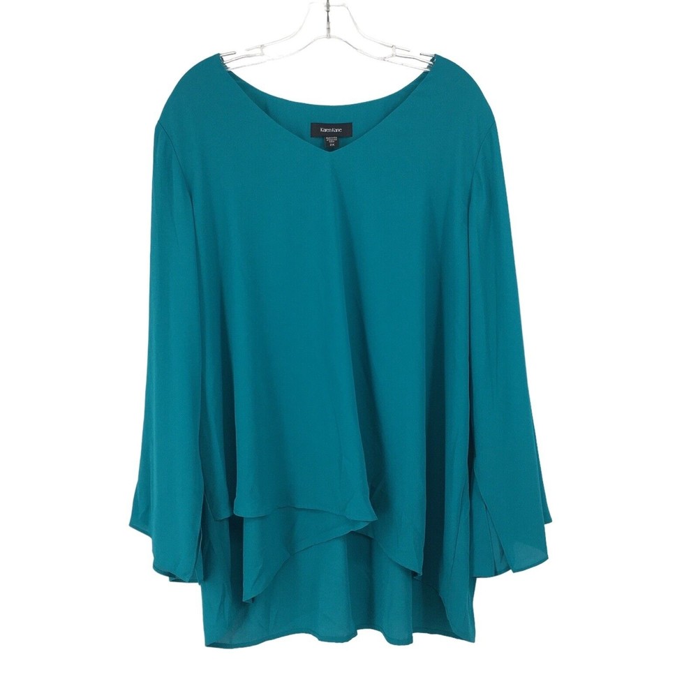 Karen Kane Womens Green V-Neck Slit Sleeve Asymmetric Top Shirt Blouse 2X